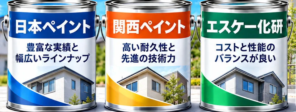 日本ペイント・関西ペイント・エスケー化研の塗料缶（イメージ）