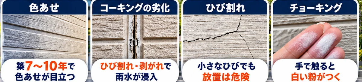 窯業系サイディングの代表的な劣化症状（色あせ・コーキングの劣化・ひび割れ・チョーキング）