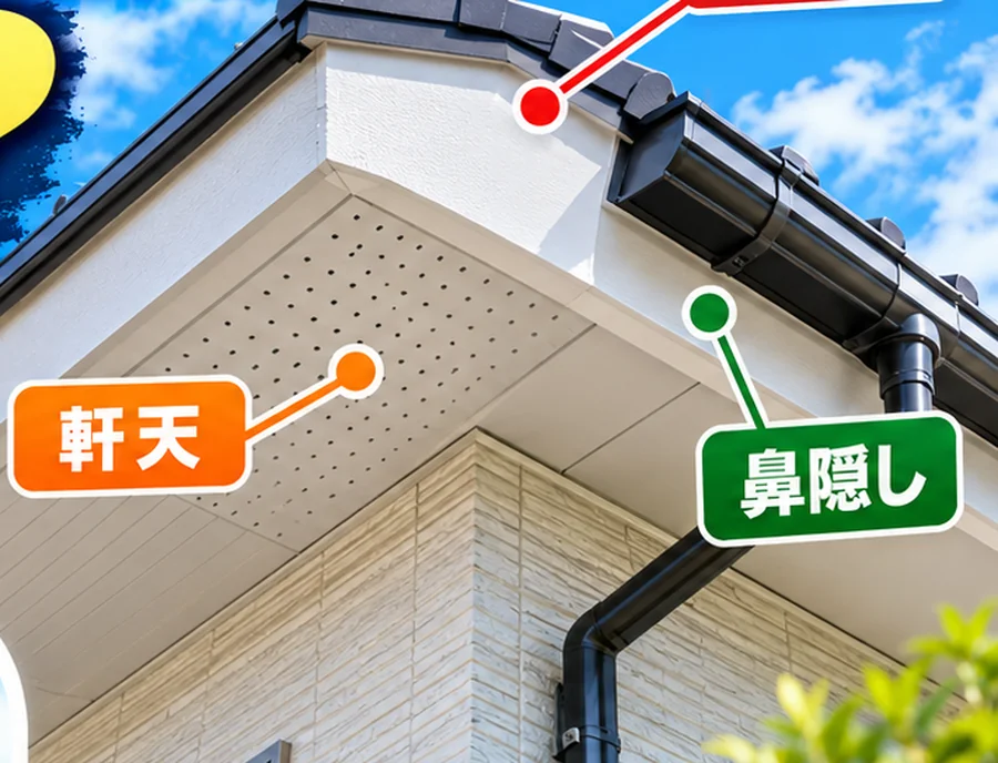 破風板・軒天・鼻隠しの位置を示した住宅の軒先