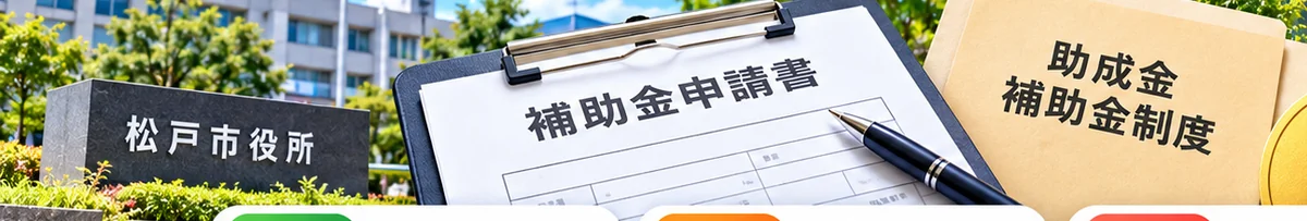 松戸市役所と助成金の申請書類（イメージ）