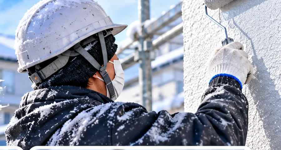 雪の残る冬の日に外壁を塗装する職人