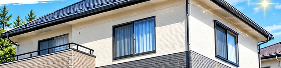 塗装後の明るいベージュの外壁と濃いグレーの屋根（アフター）