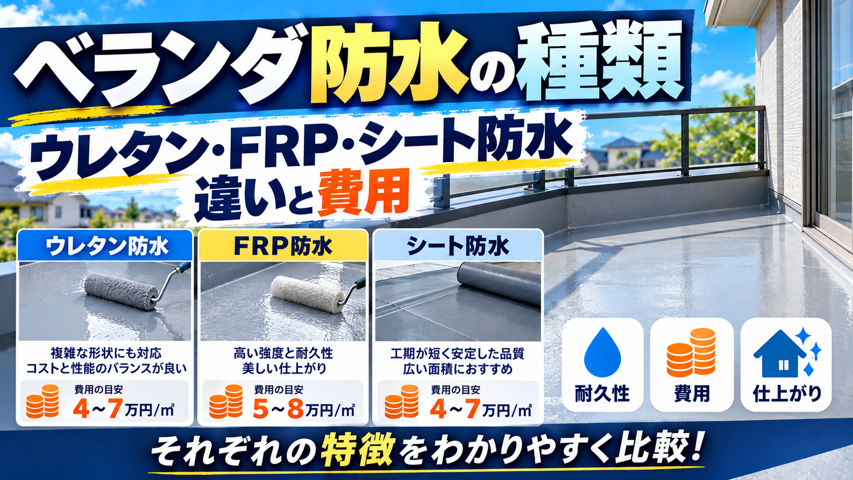 ベランダ防水3工法の違いと費用